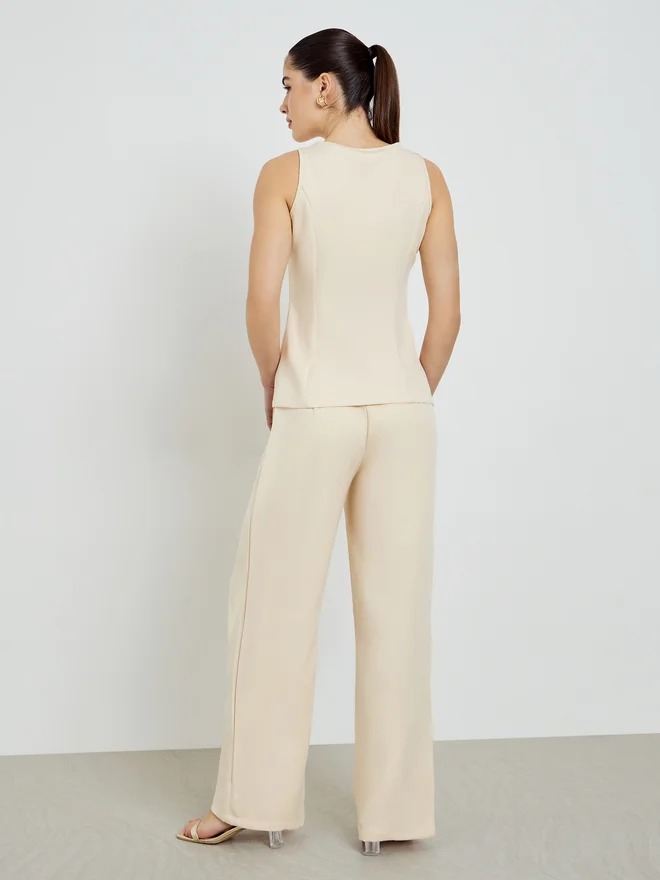 Styli  Styli Beige Front-Button Waistcoat and Wide Leg Trousers Co-ords  | Best Price UAE