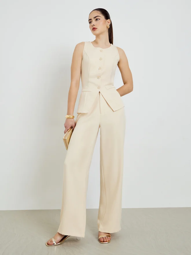 Styli  Styli Beige Front-Button Waistcoat and Wide Leg Trousers Co-ords  | Best Price UAE