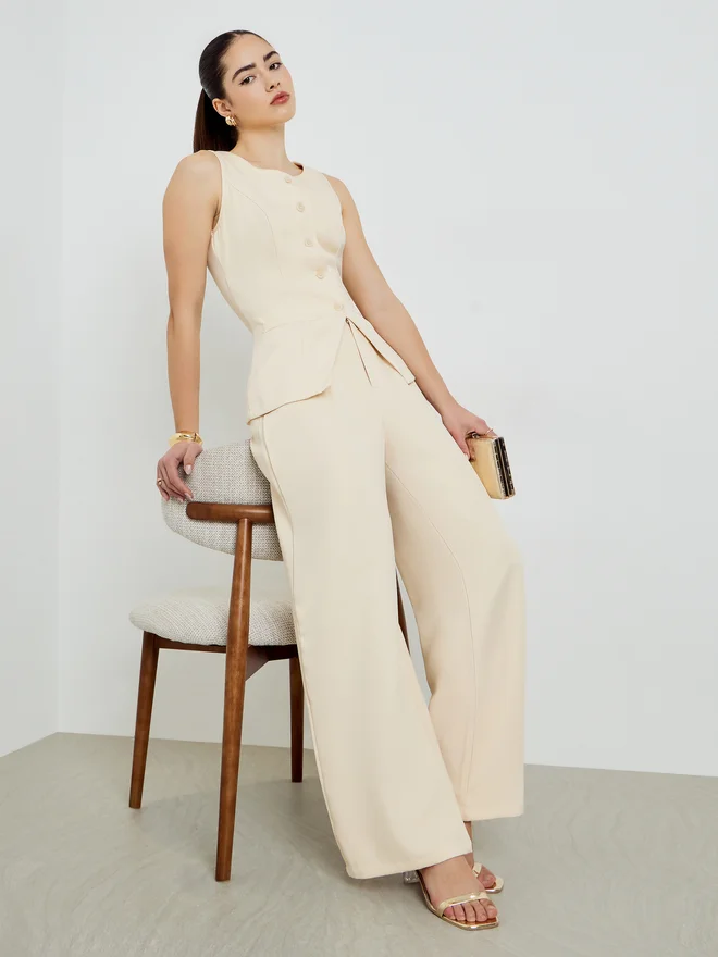 Styli Beige Front-Button Waistcoat and Wide Leg Trousers Co-ords