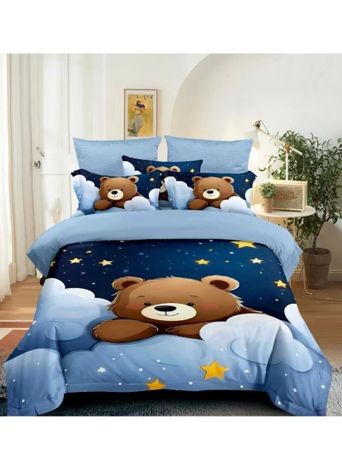 Single Bed Sheet Set with Duvet Cover, Fitted Sheet & 2 Pillowcases – Adorable Teddy Bear with Clouds & Stars Print – Comfy & Fun Bedding Set for Kids Room or Nursery