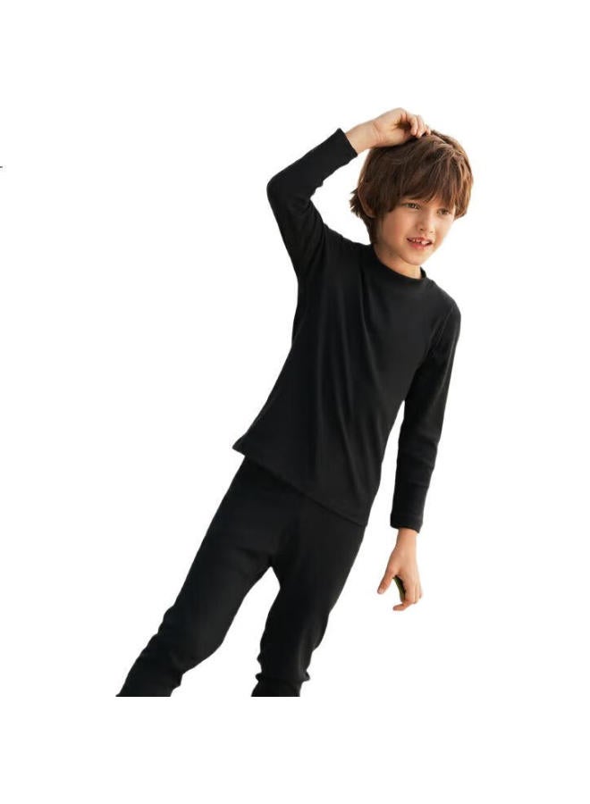 Aimer kids Aimer Children'S Thermal Underwear, Boys And Girls Turtleneck Base Layer Top, Unisex Cotton Undershirt, Black Top, Size 130 - Image 1