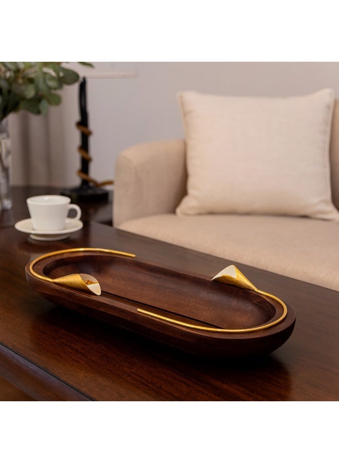 دانيا صحن تقديم شكل زورق مصنوع من خشب الزان مع ديكور زنبقة معدن لون ذهبي و متعدد الاستخدام - Image 1
