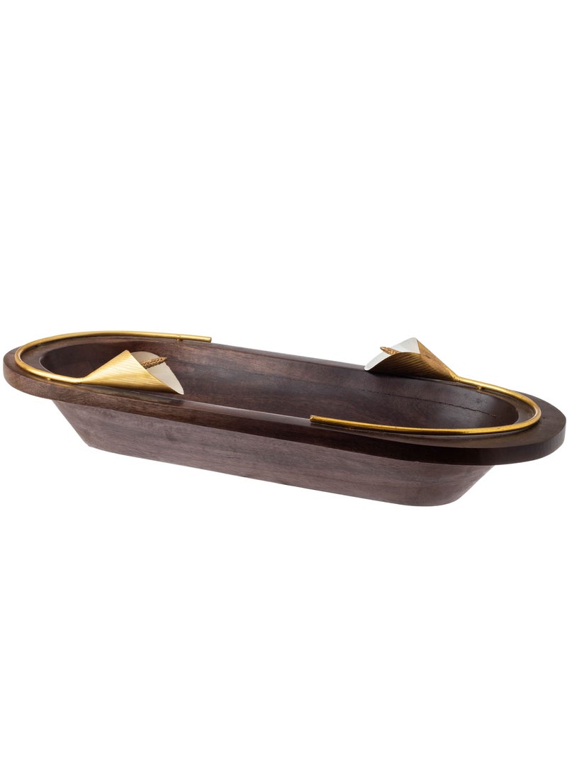 Dania - Serving dish in the shape of a boat made of beech wood with a metal lily decoration in golden color and multi-use - Image 1