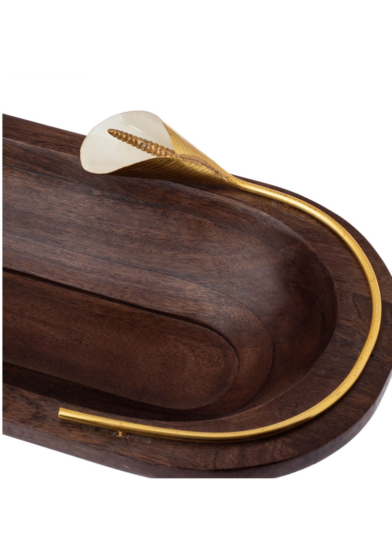 Dania - Serving dish in the shape of a boat made of beech wood with a metal lily decoration in golden color and multi-use - Image 1