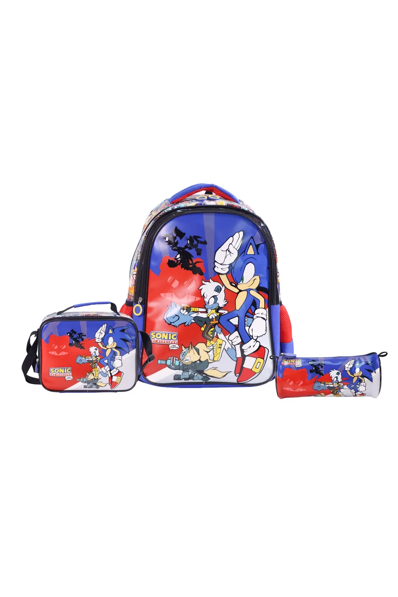 مون MOON Licensed SONIC THE HEDGEHOG 3 in 1 kids Backpack Set -- (16-Inch) Premium Kids School Bag with Lunch Bag & Pencil Case- Red&Blue