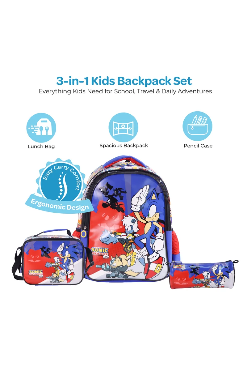 مون MOON Licensed SONIC THE HEDGEHOG 3 in 1 kids Backpack Set -- (16-Inch) Premium Kids School Bag with Lunch Bag & Pencil Case- Red&Blue