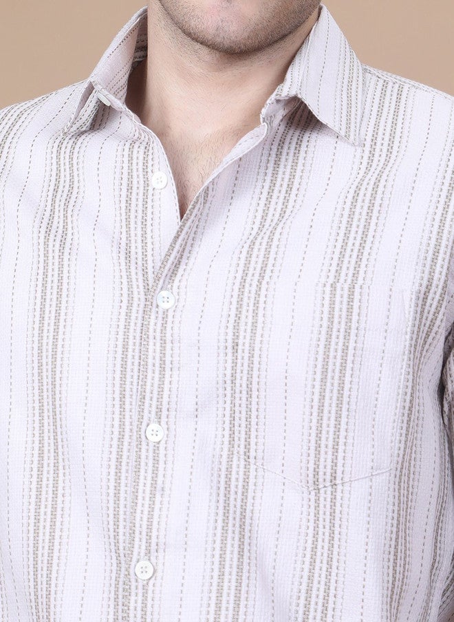 Hence Men Vertical Striped Spread Collar Cotton Casual Shirt - Image 2
