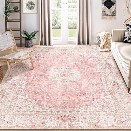 Castage 8x10 Area Rugs Washable,Pink Rug for Living Room Bedroom Dining Room,Large Boho Vintage Bohemian Distressed Carpet Non Slip,Blush - Image 1