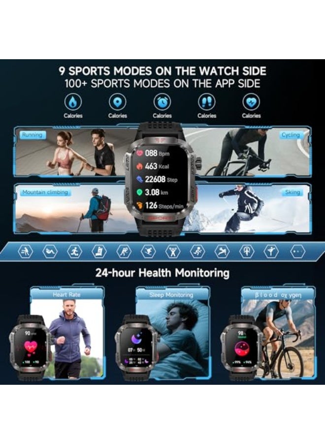 Military Smart Watches for Men - Compass & Flashlight - 2.01'' HD IP68 Waterproof Smart Watch, Fitness Tracker with Call, Heart Rate, Sleep Monitor,100+ Sport Modes, 40 Days Battery Life - Image 2