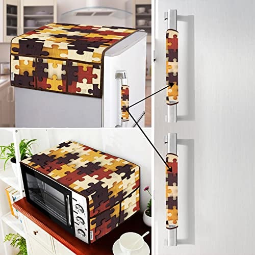 E-Retailer 3-Layered Polyester Combo of Fridge Top Cover, Microwave Top Cover & Fridge Handle Covers, Puzzle Design Cover with Side Pockets, Decorative Cover Set for Kitchen Appliances (Yellow, 4Pcs) - Image 1