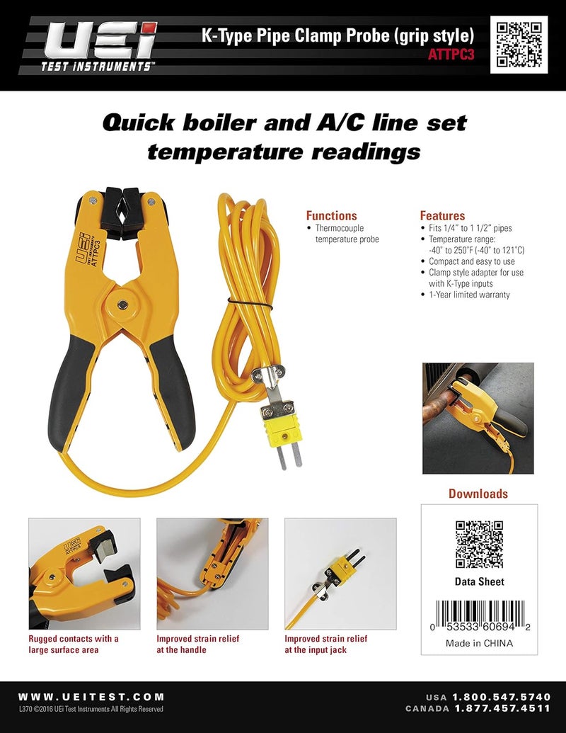UEi Test Instruments ATTPC3 Pipe Clamp K-Type Thermocouple adapter, HVAC Temperature Probe for Clamp Meters, Surface Thermometer for Boiler and AC Line Temperature Readings - Image 4