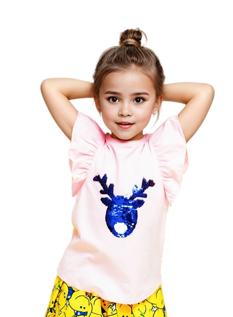 WiNi BEE Short Sleeve Children T-Shirt Toddler Girl Kawaii Top Ruffle Sleeve Summer Tee Reversible Sequin TShirt Girls Clothes 2 4 6 Years  - Image 1