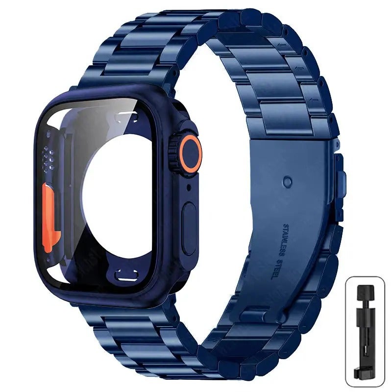 3-Bead Stainless Steel Band with PC Full Coverage Case Set for Apple Watch, 2-in-1 Protective Strap for Series 1–11/Ultra/SE (38–49mm) - Image 1