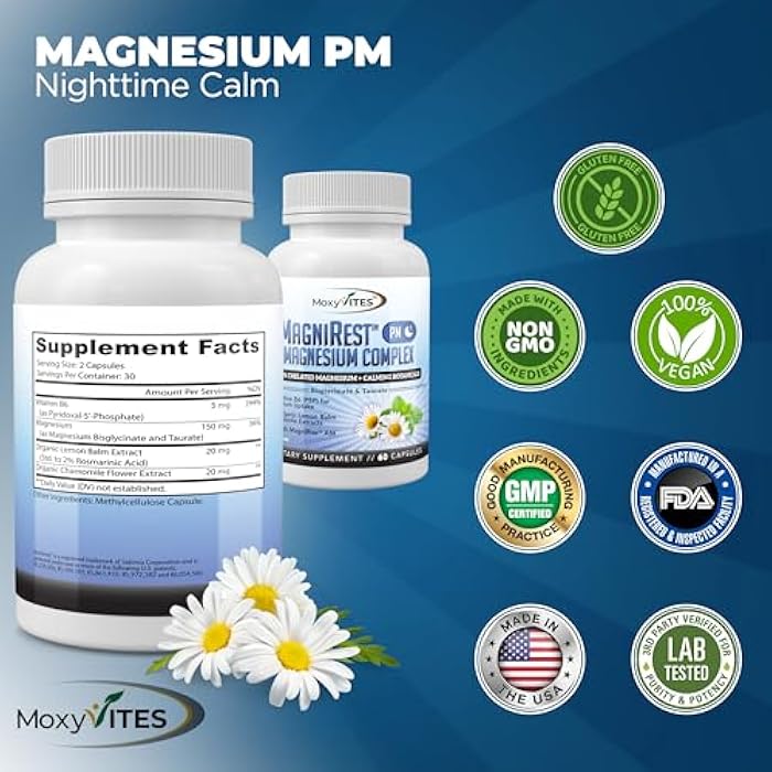 MoxyVites MagniRest PM Magnesium Complex for Women & Men - Magnesium Bisglycinate, Taurate, Active B6, & Calming Organic Botanicals - Chelated High Absorption - Nighttime Magnesium, 60 Vegan Capsules - Image 5