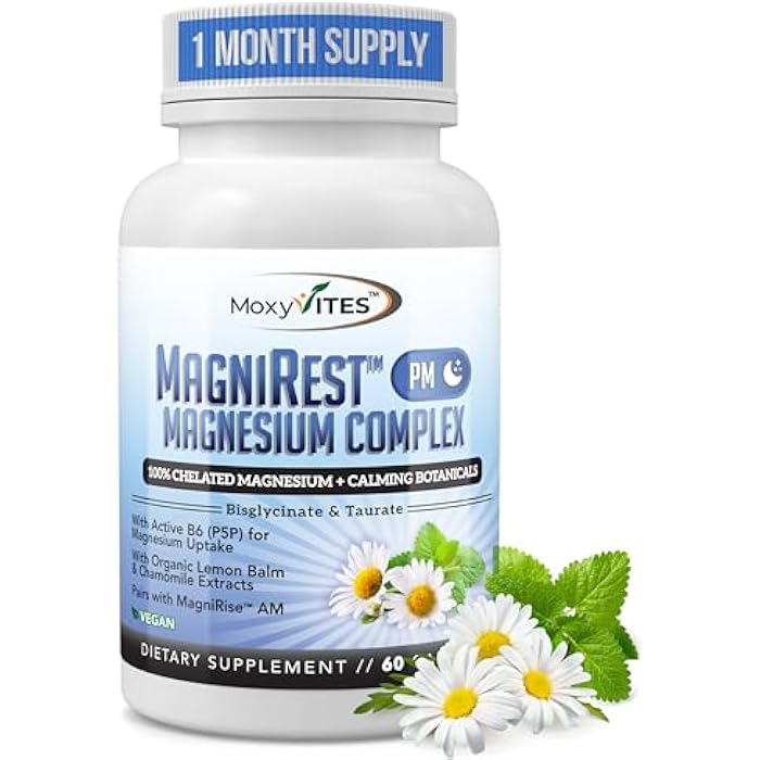 MoxyVites MagniRest PM Magnesium Complex for Women & Men - Magnesium Bisglycinate, Taurate, Active B6, & Calming Organic Botanicals - Chelated High Absorption - Nighttime Magnesium, 60 Vegan Capsules - Image 1