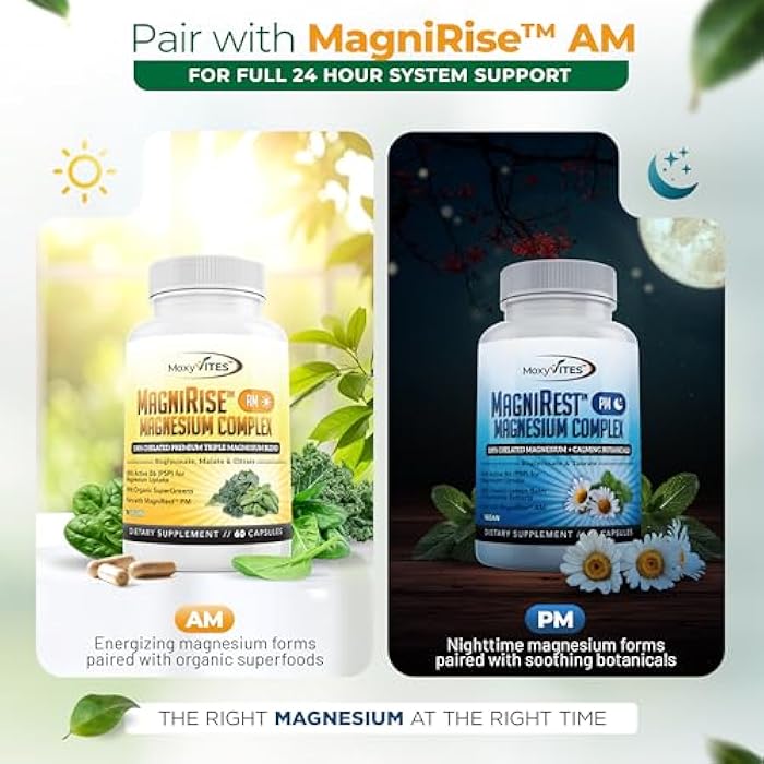 MoxyVites MagniRest PM Magnesium Complex for Women & Men - Magnesium Bisglycinate, Taurate, Active B6, & Calming Organic Botanicals - Chelated High Absorption - Nighttime Magnesium, 60 Vegan Capsules - Image 4