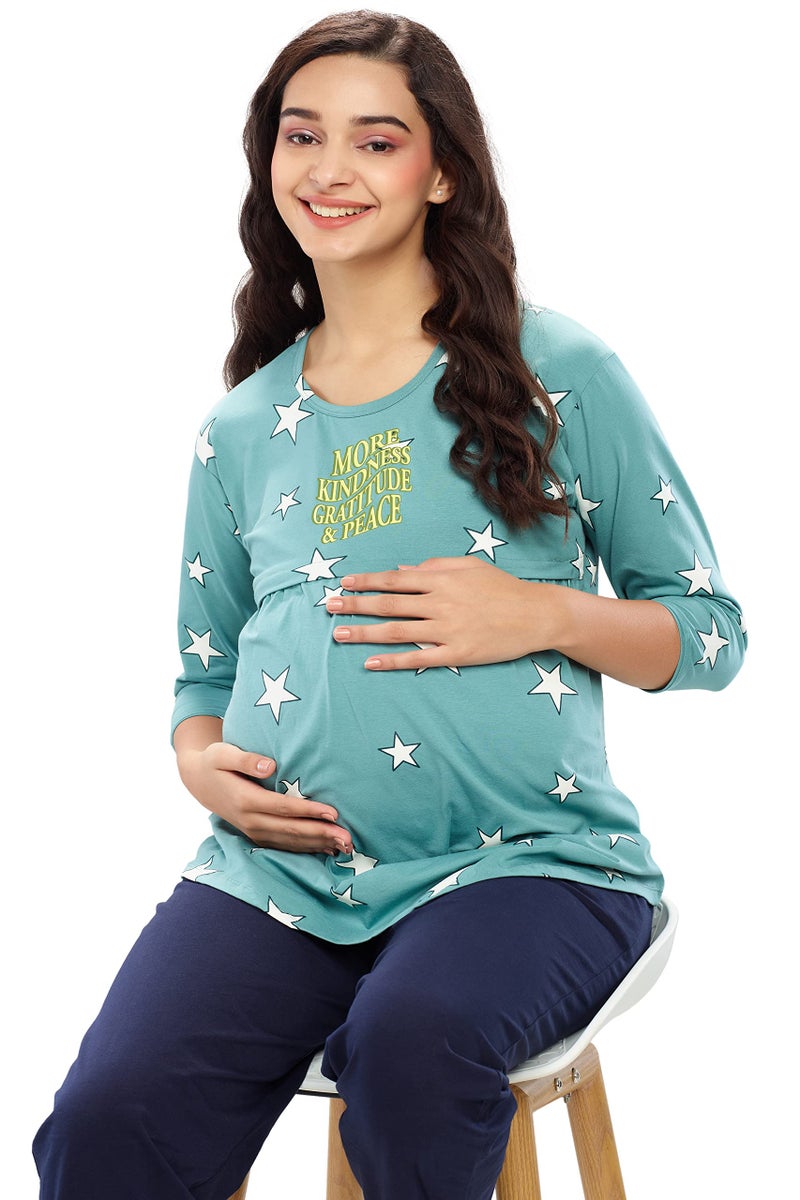 ZEYO Women's Cotton Star Printed Sea Green Maternity & Feeding Top 5645 - Image 3