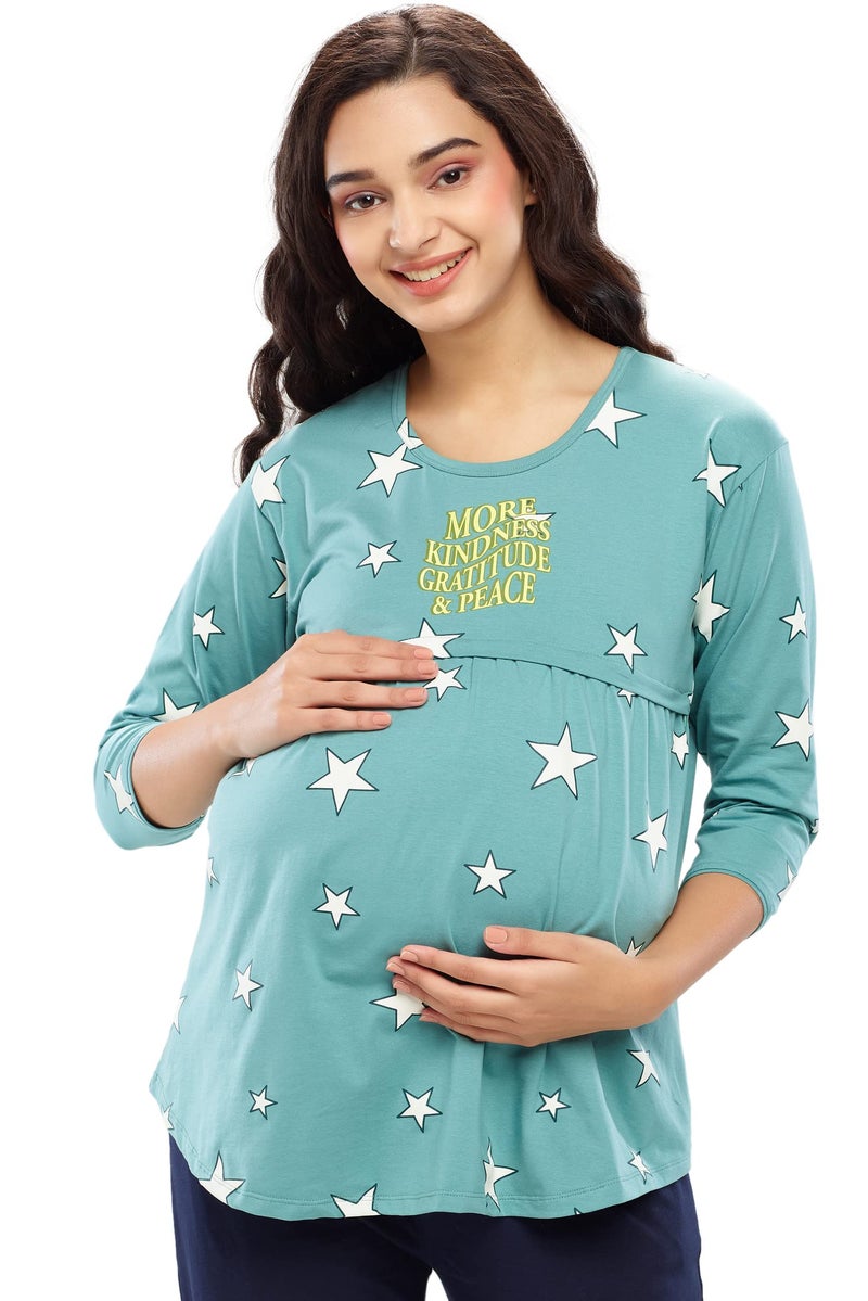 ZEYO Women's Cotton Star Printed Sea Green Maternity & Feeding Top 5645 - Image 1