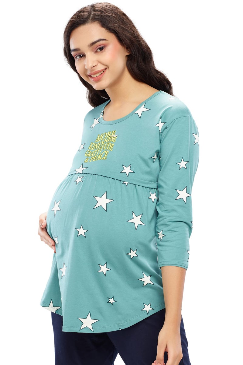 ZEYO Women's Cotton Star Printed Sea Green Maternity & Feeding Top 5645 - Image 5
