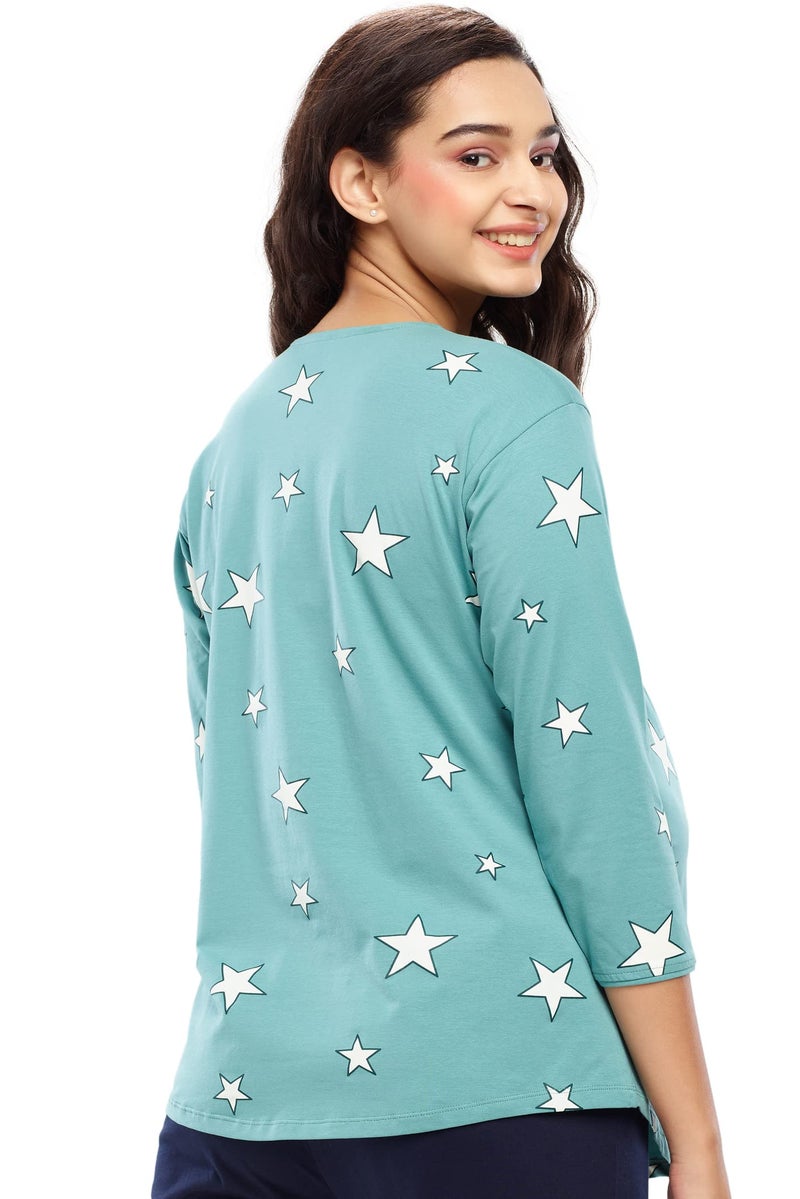 ZEYO Women's Cotton Star Printed Sea Green Maternity & Feeding Top 5645 - Image 4