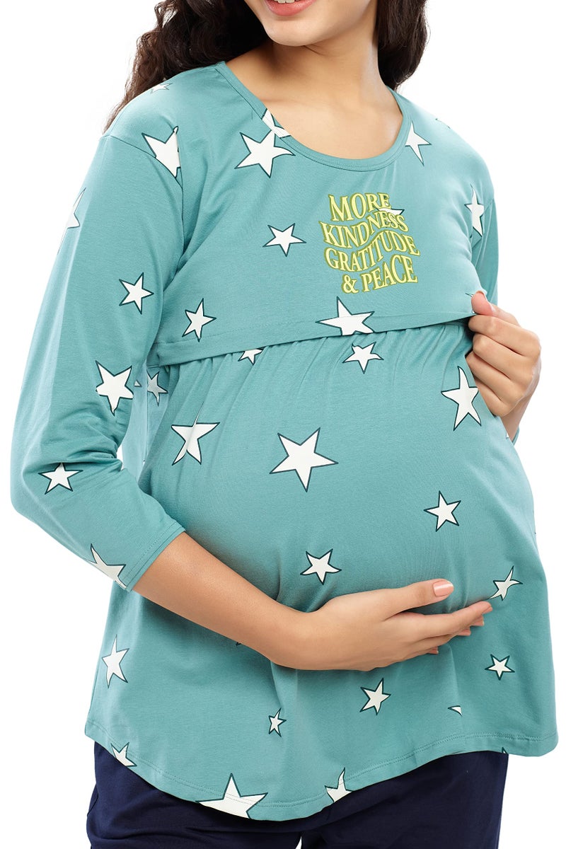 ZEYO Women's Cotton Star Printed Sea Green Maternity & Feeding Top 5645 - Image 2