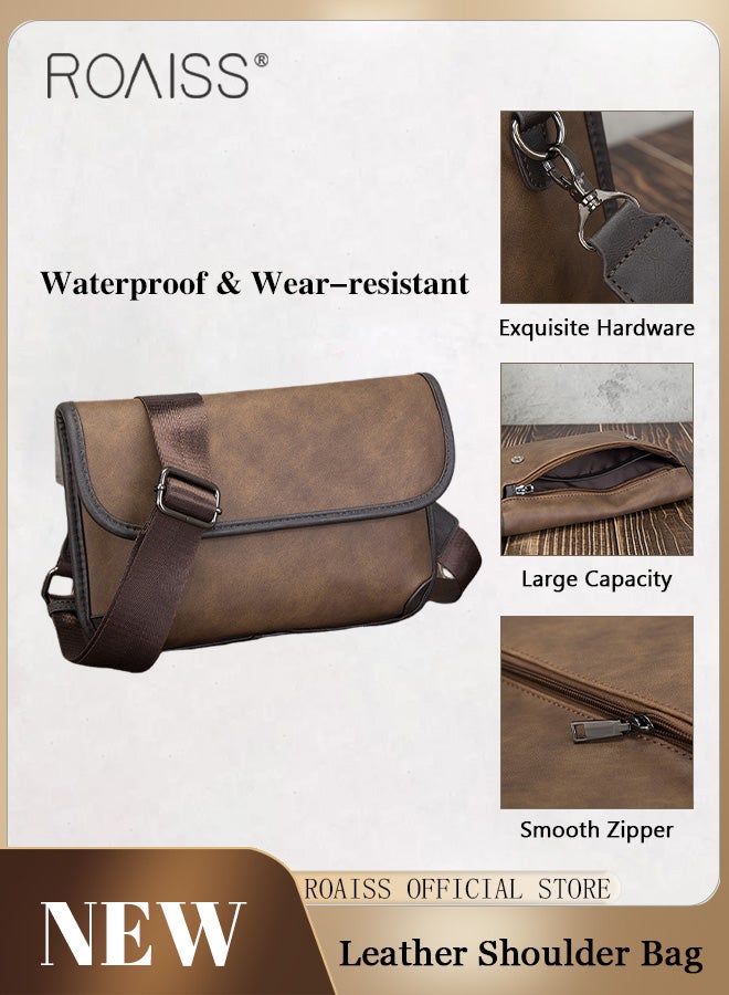 roaiss Retro Contrast Color Leather Crossbody Bag for Men Casual Square Purse Trendy Chest Bags with Wide Strap Wear Resistant and Waterproof  - Image 4