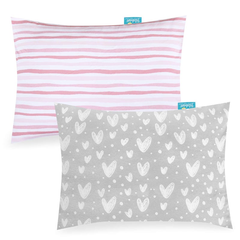 Biloban Organic Cotton Toddler Pillowcase 2 Pack, (Pillowcase Only) Kids Pillowcase for Sleeping Fit Pillow Sized 13"x 18" or 14"x19", Envelope Travel Pillowcases for Girl Boy, Gray Heart & Pink Strip - Image 1