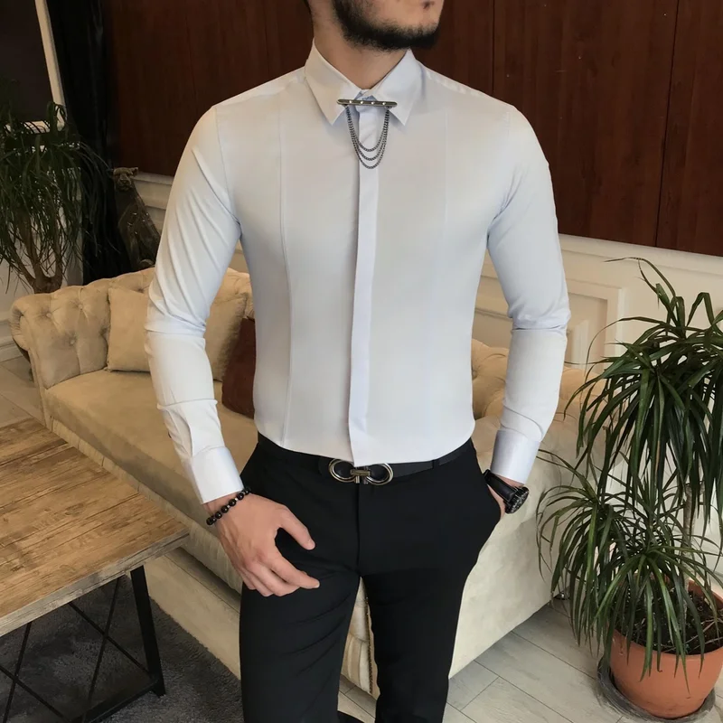 ترزي اددم Tailor Adem Italian Cut Slim Men's Satin Ice Blue Chain Shirt T6792