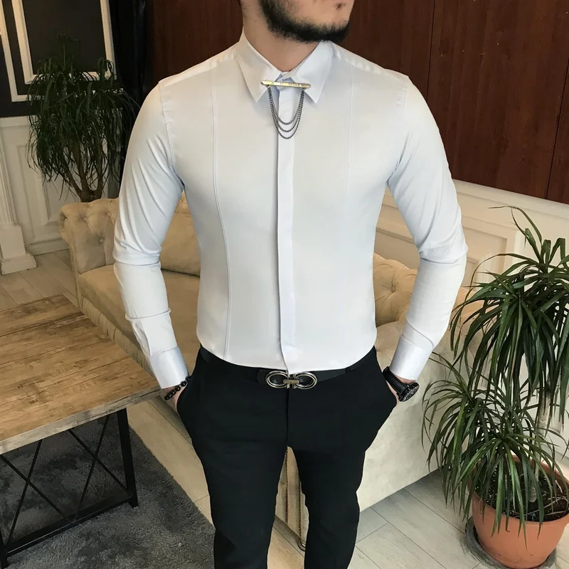 ترزي اددم Tailor Adem Italian Cut Slim Men's Satin Ice Blue Chain Shirt T6792
