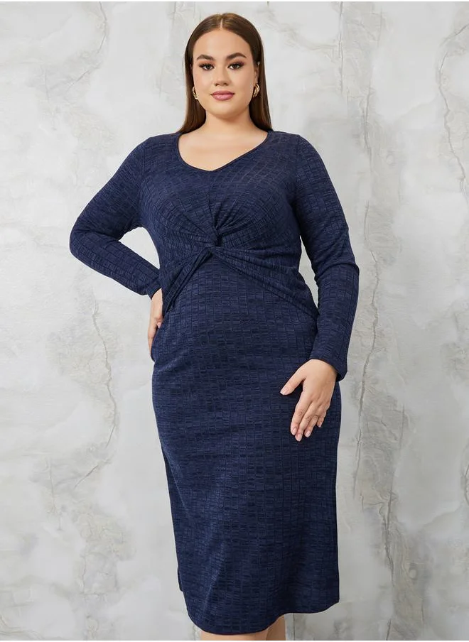 ستايلي Textured Midi Dress with Knot Front Detail