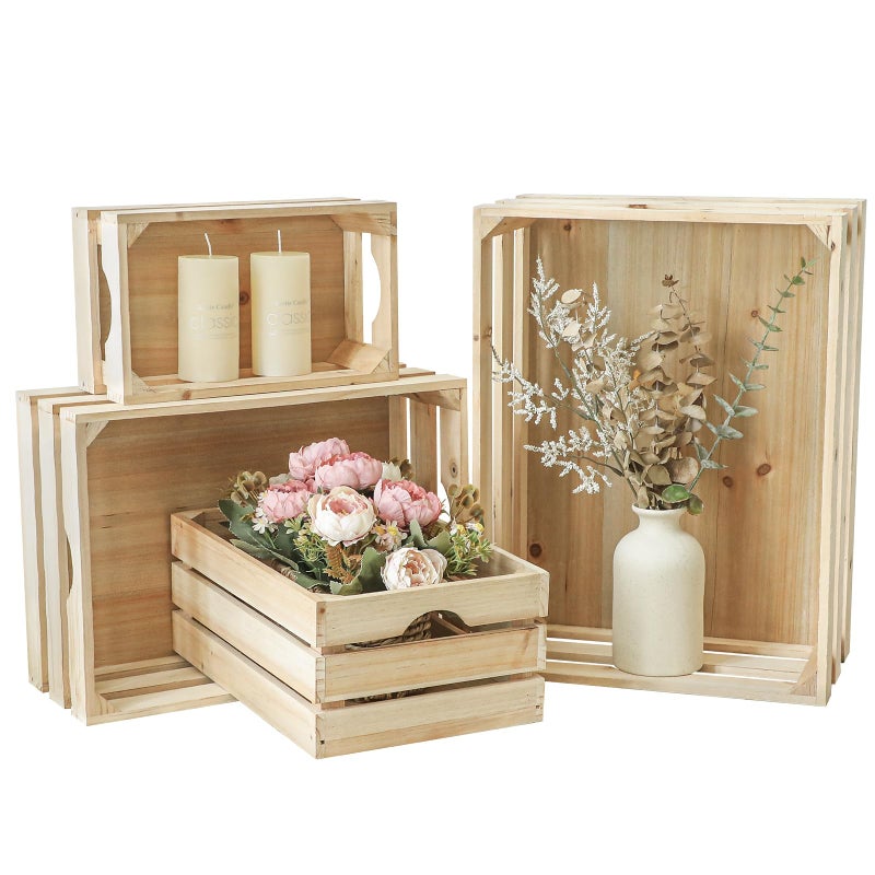 JUMBO HUMBLE JUMBO HUMBLE Large Wooden Crates Unfinished Set of 4 Storage Crates Decorative Wood Storage Crate for Display Rustic Nesting Wooden Container Boxes Made from 100 Wood 