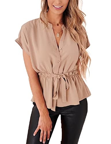 CiCiBird Womens Button Down Blouses Casual Peplum Summer Tops Dressy Chiffon Work Blouse Apricot - Image 1