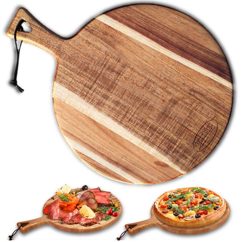 Erwuldor Acacia Wood Cutting Board -12" Round cutting board with Handle.charcuterie boards-Serving Board-Pizza Board-Cheese Board.decorative cutting boards for kitchen-Durable Multipurpose - Image 1