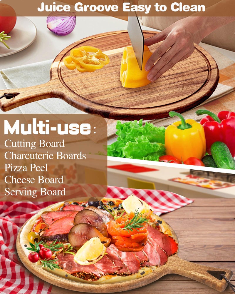 Erwuldor Acacia Wood Cutting Board -12" Round cutting board with Handle.charcuterie boards-Serving Board-Pizza Board-Cheese Board.decorative cutting boards for kitchen-Durable Multipurpose - Image 3