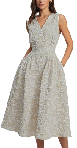 Ladyful Womens Sleeveless Floral Jacquard Midi Dress Elegant V-Neck A Line Dress Flare Cocktail Dresses with Pockets Khaki - Image 1