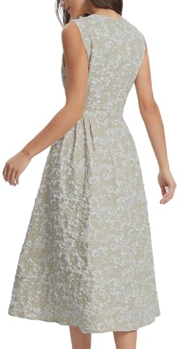 Ladyful Womens Sleeveless Floral Jacquard Midi Dress Elegant V-Neck A Line Dress Flare Cocktail Dresses with Pockets Khaki - Image 5