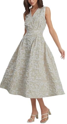 Ladyful Womens Sleeveless Floral Jacquard Midi Dress Elegant V-Neck A Line Dress Flare Cocktail Dresses with Pockets Khaki - Image 2