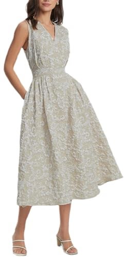 Ladyful Womens Sleeveless Floral Jacquard Midi Dress Elegant V-Neck A Line Dress Flare Cocktail Dresses with Pockets Khaki - Image 3