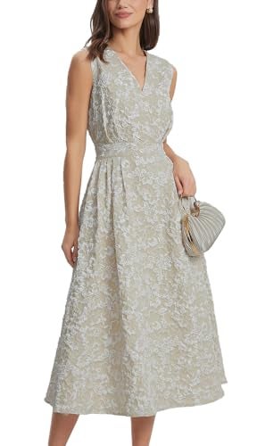 Ladyful Womens Sleeveless Floral Jacquard Midi Dress Elegant V-Neck A Line Dress Flare Cocktail Dresses with Pockets Khaki - Image 4