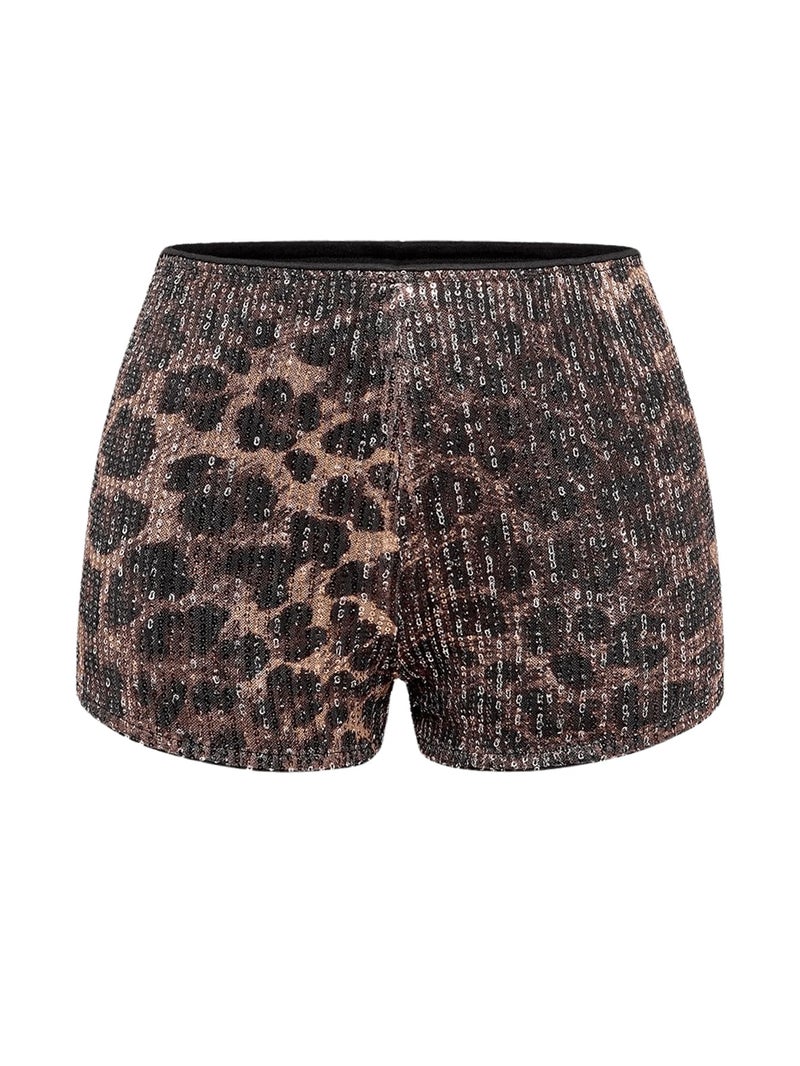 Floerns Women's Sequin Cheetah Print Rave Outfits Y2k Mini Micro Shorts Brown - Image 1