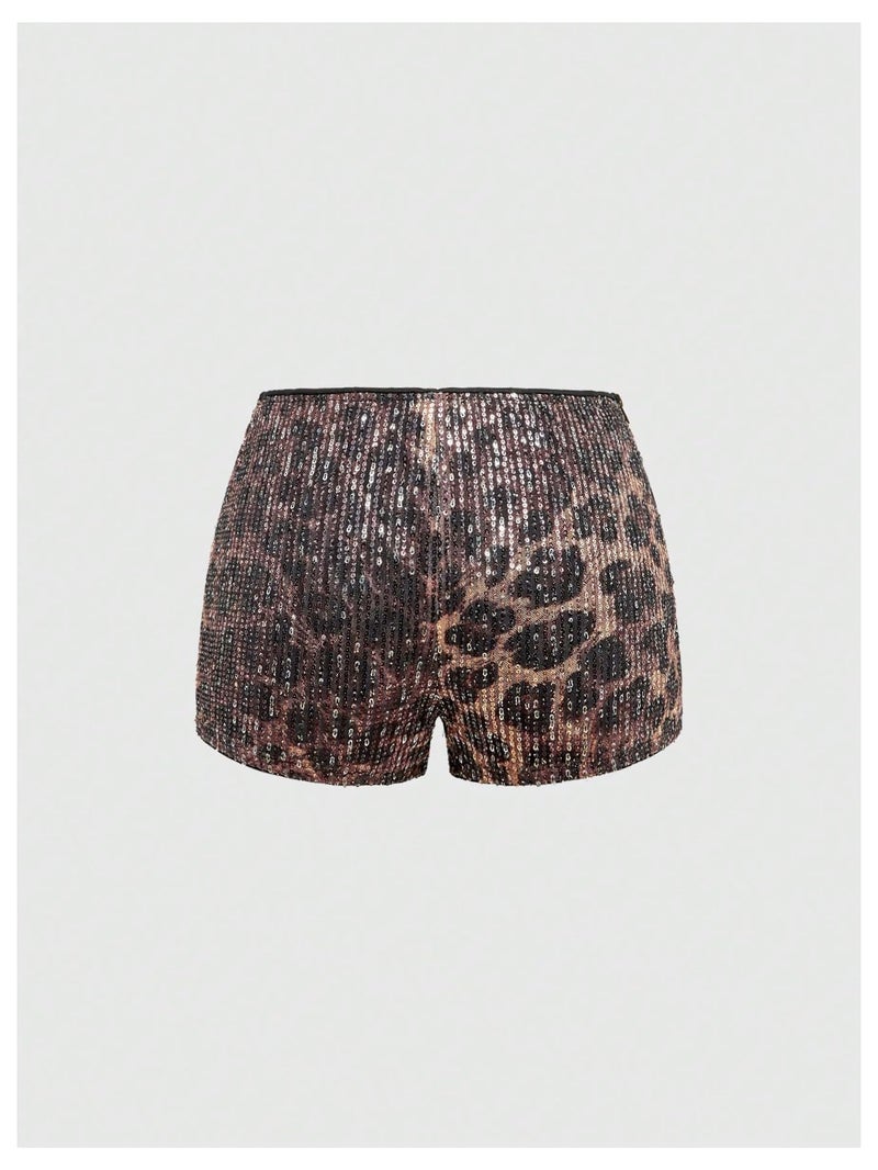 Floerns Women's Sequin Cheetah Print Rave Outfits Y2k Mini Micro Shorts Brown - Image 2