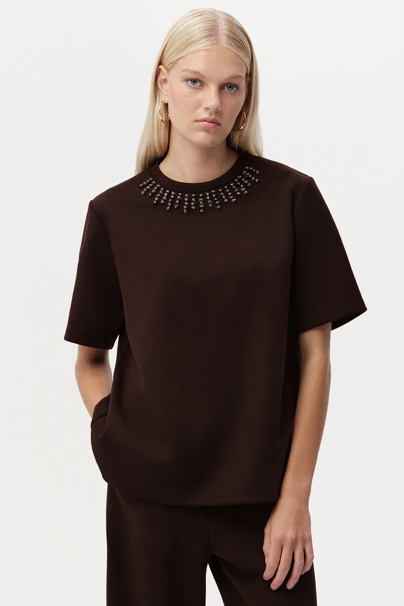 Exquise Stone Detail Crew Neck Short Sleeve T-Shirt