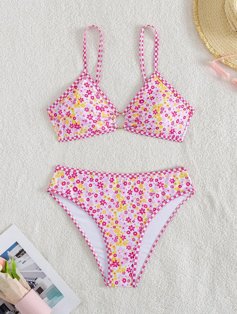 Tainehs Women's Two Piece Bikini Sets O Ring Front Top Ditsy Floral Triangle Swimsuits Cheeky Bathing Suit - Image 4