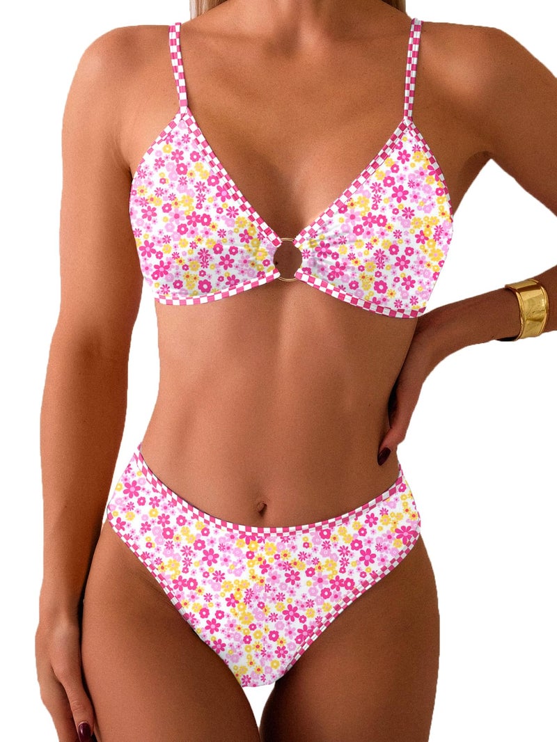 Tainehs Women's Two Piece Bikini Sets O Ring Front Top Ditsy Floral Triangle Swimsuits Cheeky Bathing Suit - Image 1