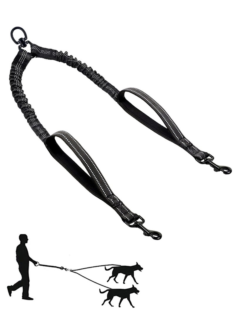 Generic Double Dog Leash Extension with padded Quick Control Handle, Reflective heavy duty 2-way dog lead, Elastic, 50-90cm per arm, 2.5cm width, Black - Image 1