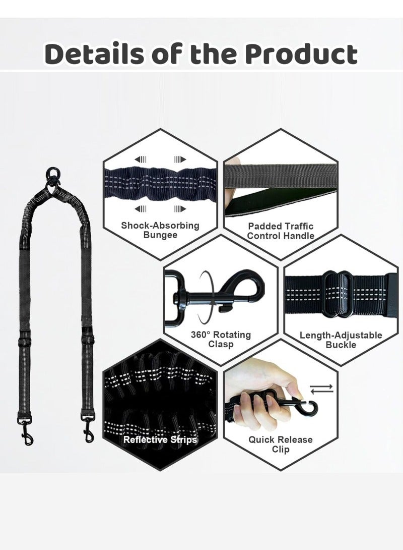 Generic Double Dog Leash Extension with padded Quick Control Handle, Reflective heavy duty 2-way dog lead, Elastic, 50-90cm per arm, 2.5cm width, Black - Image 3