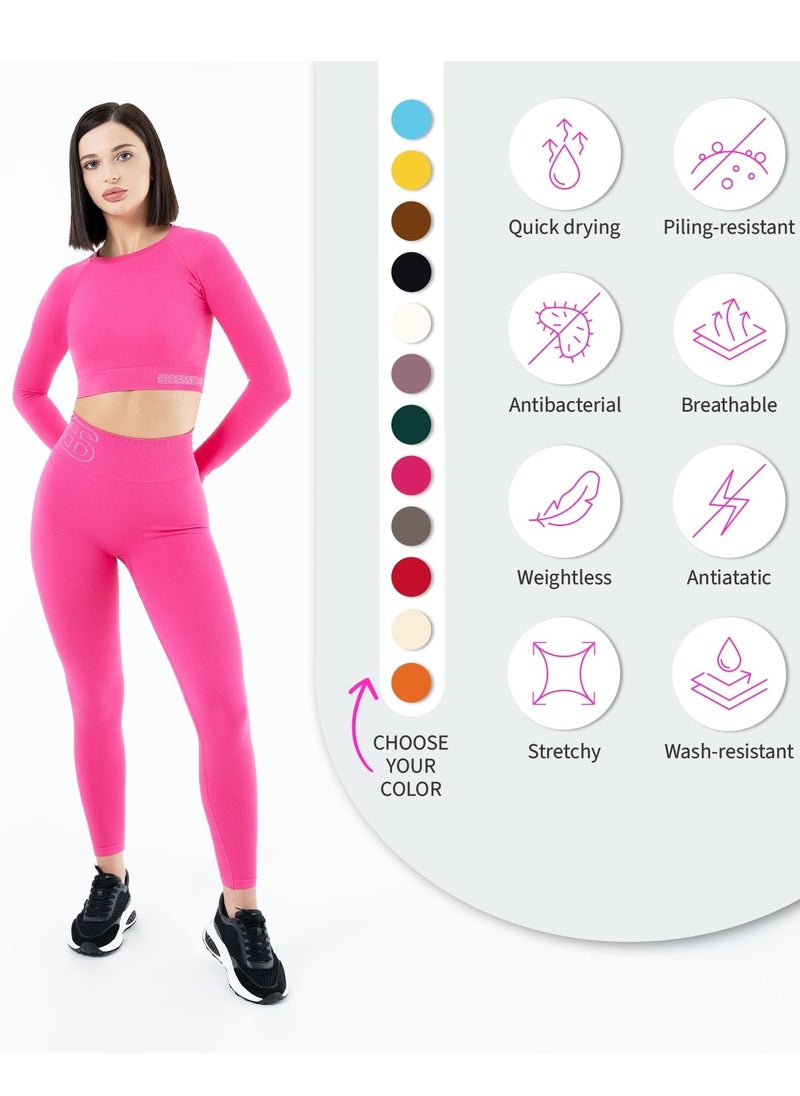 Bernessi Turkey Nylon Sports Leggings for Women High Waisted Ladies Workout Running Fitness Yoga Gym Pants with Tummy Control Textured Light  Magenta Pink  - Image 5