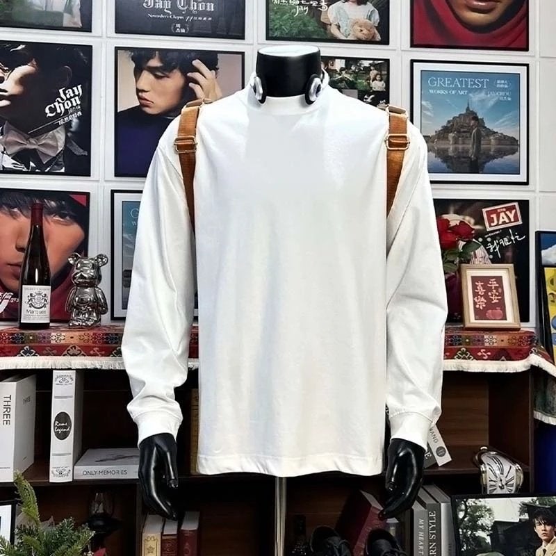Front shoulder heavy cotton long-sleeved T-shirt men's undershirt spring and autumn inner wear trendy men's round neck hoodie - Image 2