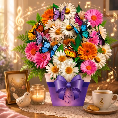 APOTODITO Birthday Card Butterfly Cards with Music and Light Flower Bouquet Card Birthday Gifts for Mom Women Wife Sister daisy and butterfly - Image 1