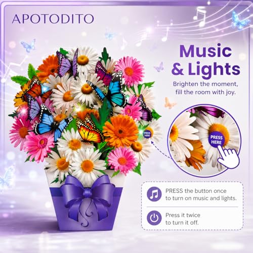 APOTODITO Birthday Card Butterfly Cards with Music and Light Flower Bouquet Card Birthday Gifts for Mom Women Wife Sister daisy and butterfly - Image 3